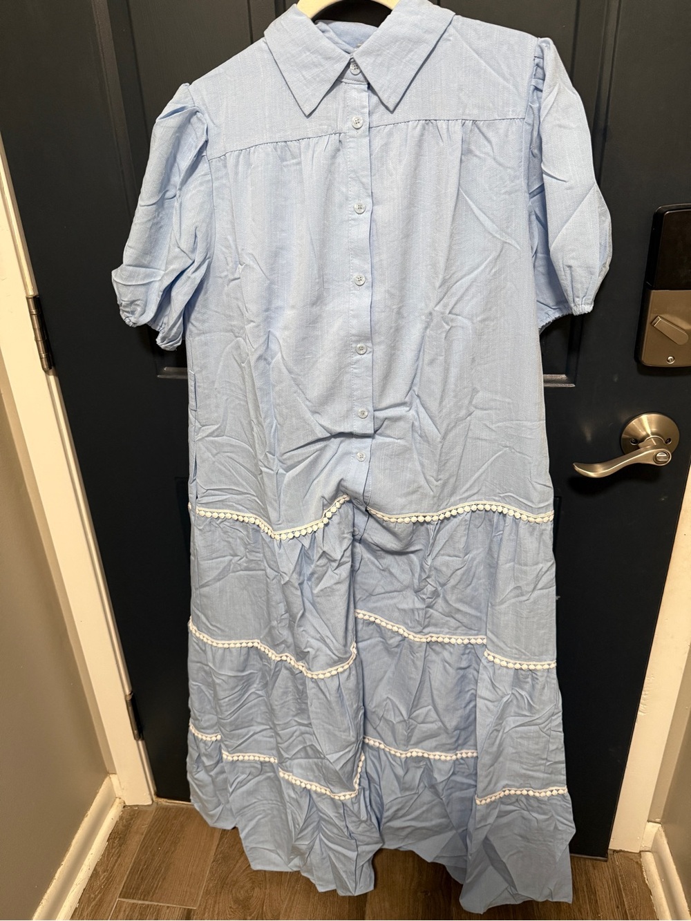 Button-Front Light Blue Tiered Midi Dress with Waist Tie - Picture 2 of 5